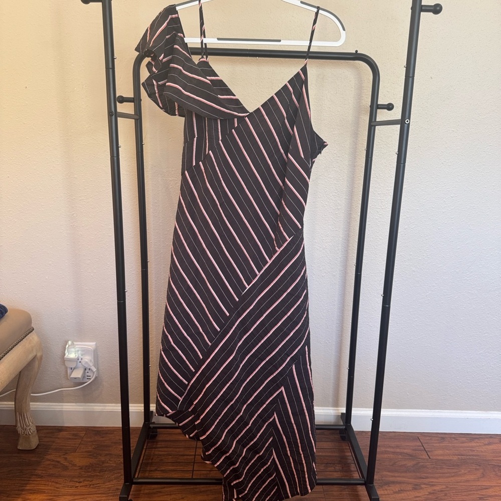 Vince Camuto One Shoulder Black and Pink Striped Dress